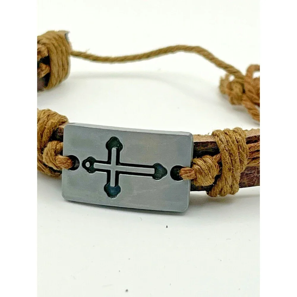 Lot of 2 Faux Leather Cross Adjustable Bracelet Set Dark Brown & Light Brown